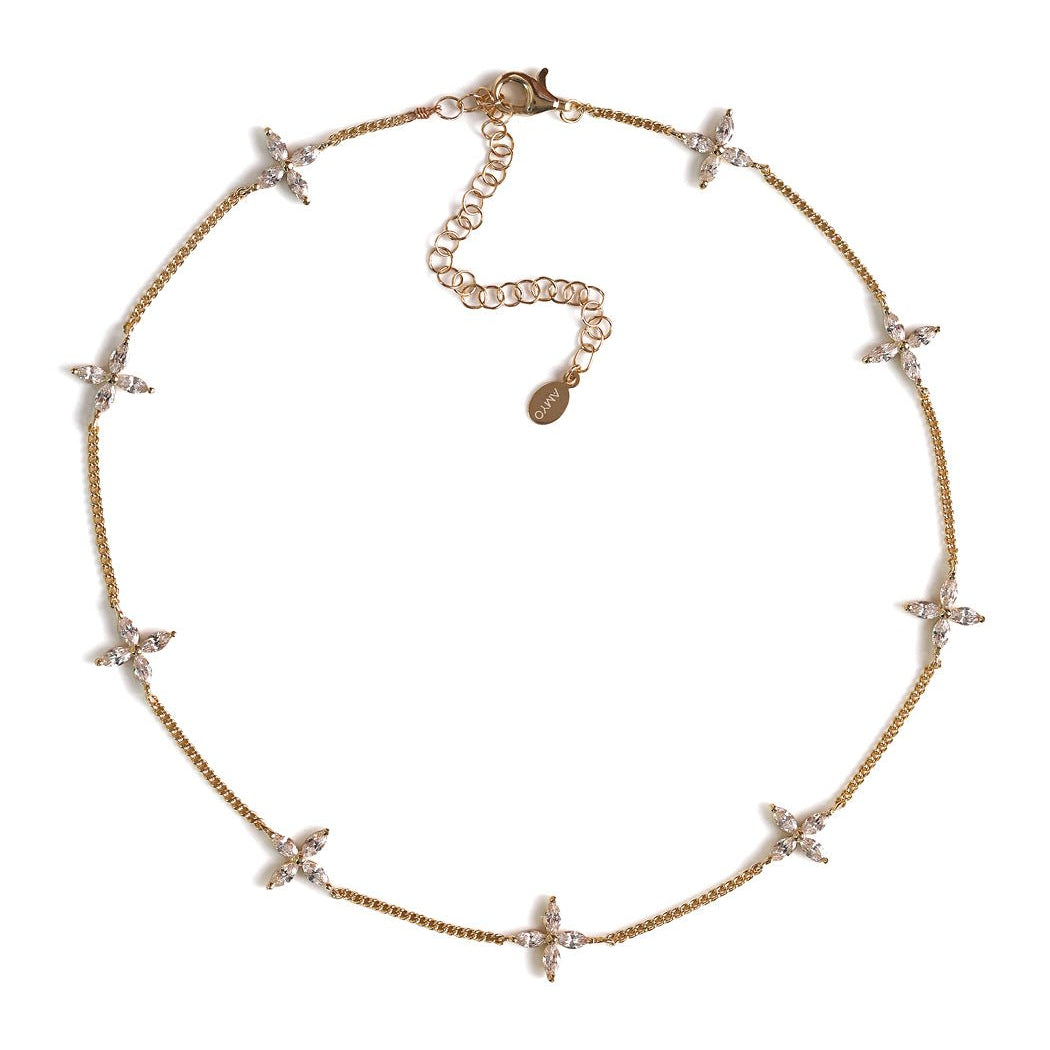 Gold vermeil choker with marquise clear crystal flower stations and a lobster clasp, on a white background
