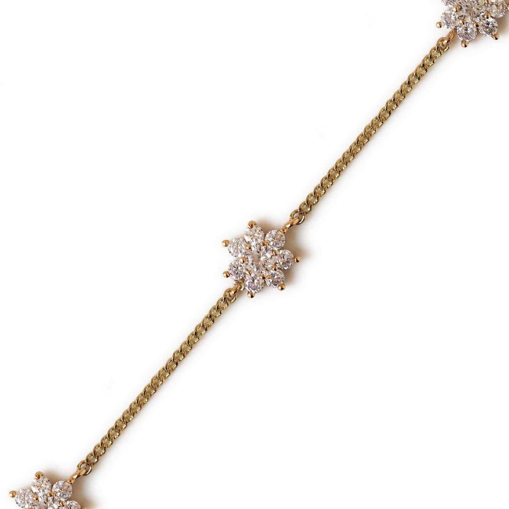 Gold vermeil white zirconia choker, close-up of a pavé flower station on a curb chain