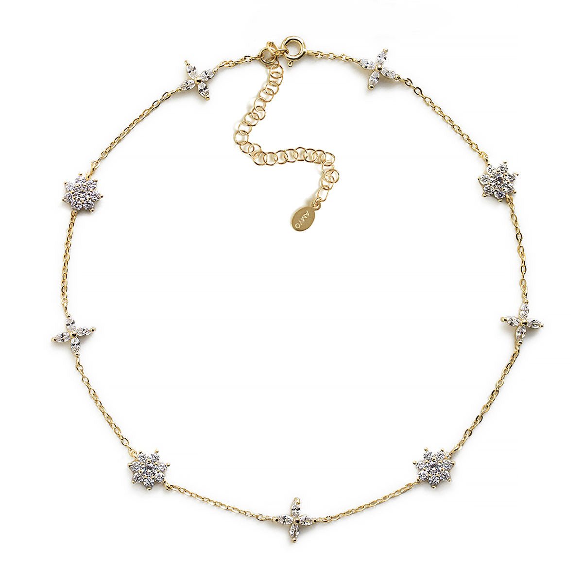 Gold vermeil choker with pavé clear crystal flower and four-petal stations, on a white background