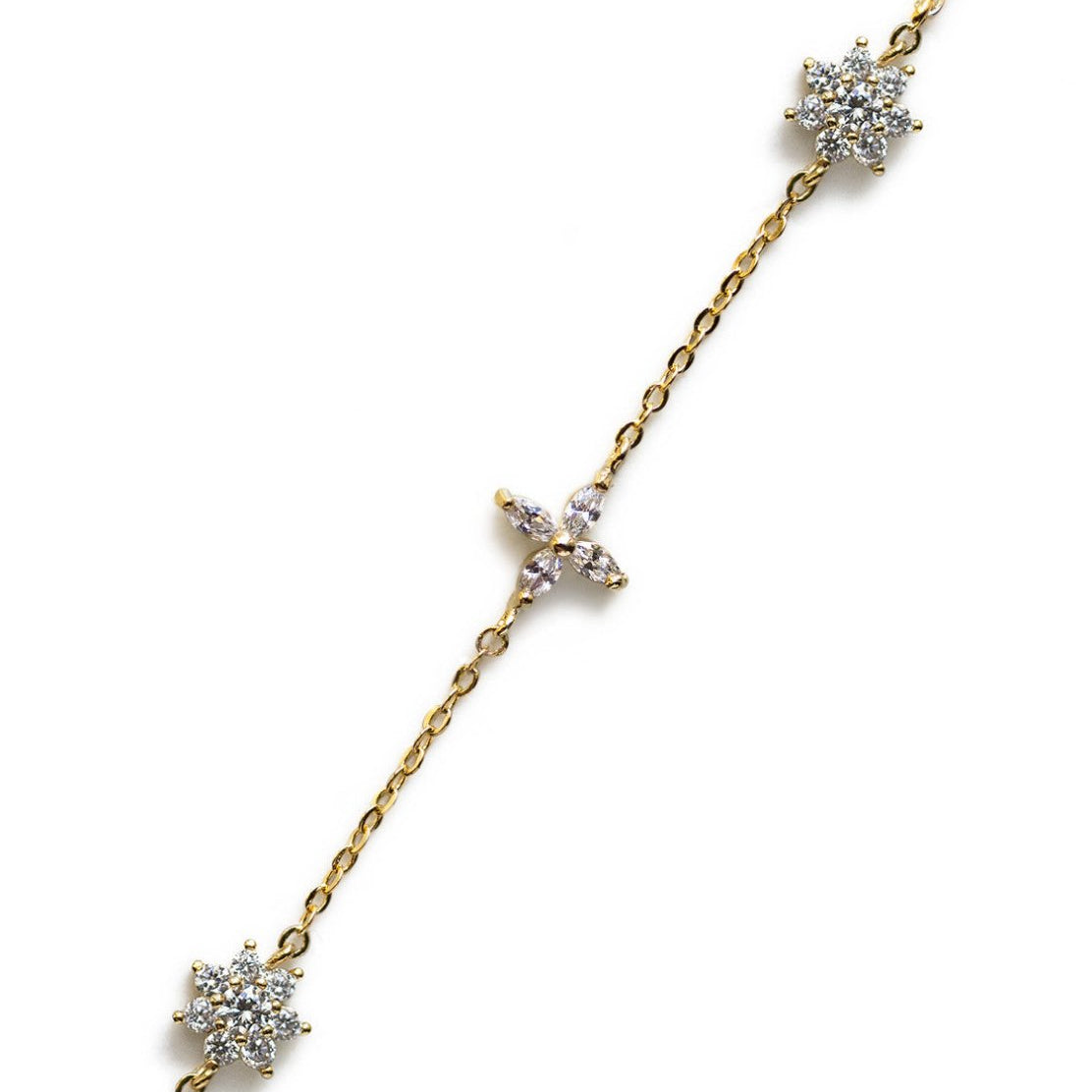 Gold vermeil pavé clear crystal flower choker, close-up detail on a white background