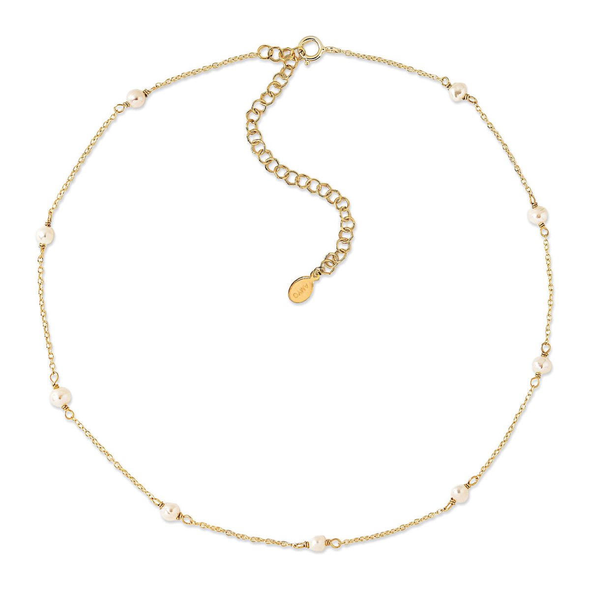 Gold vermeil pearl-station choker necklace with an extender chain, laid on a white background