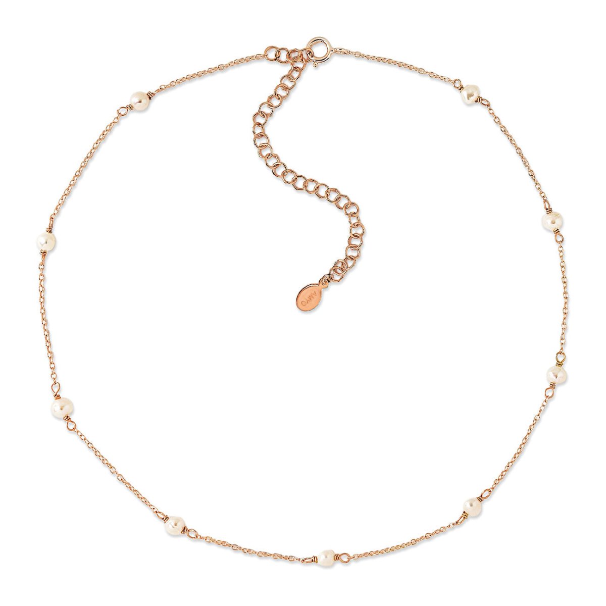 Rose gold vermeil pearl-station choker necklace with an extender chain, laid on a white background