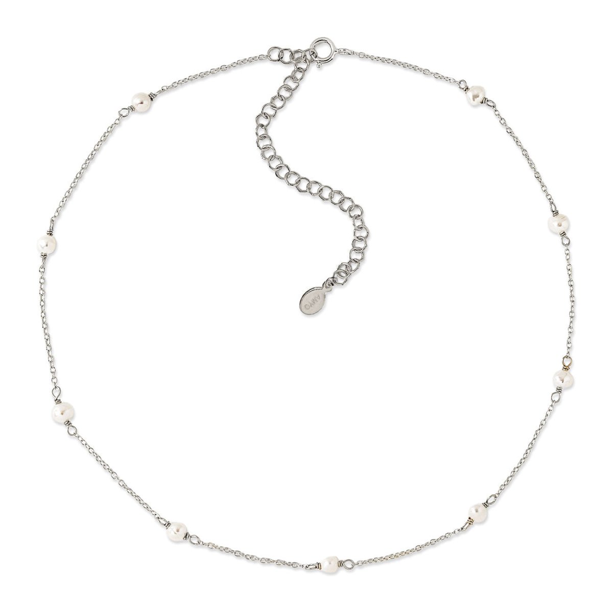 Sterling silver pearl-station choker necklace with an extender chain, laid on a white background