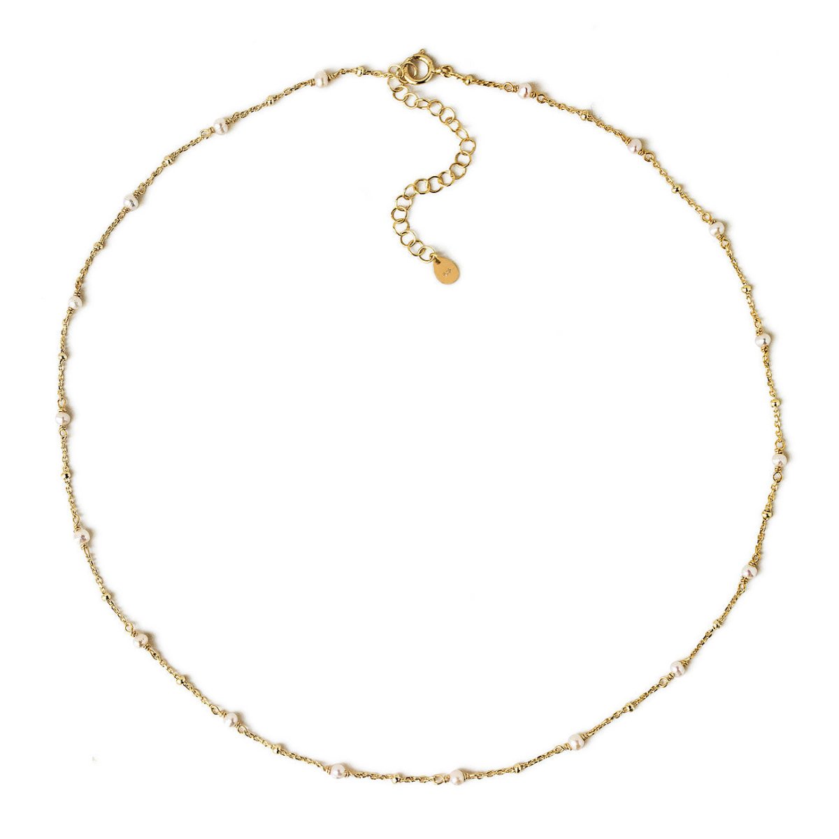 Gold vermeil pearl choker necklace with tiny pearls on a twisted chain and spring-ring clasp, on a white background