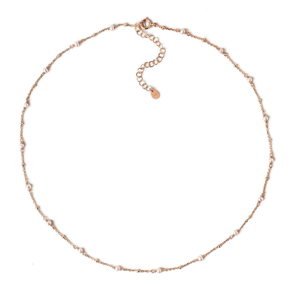 Rose gold vermeil pearl choker necklace with small pearls along a twisted chain, on a white background
