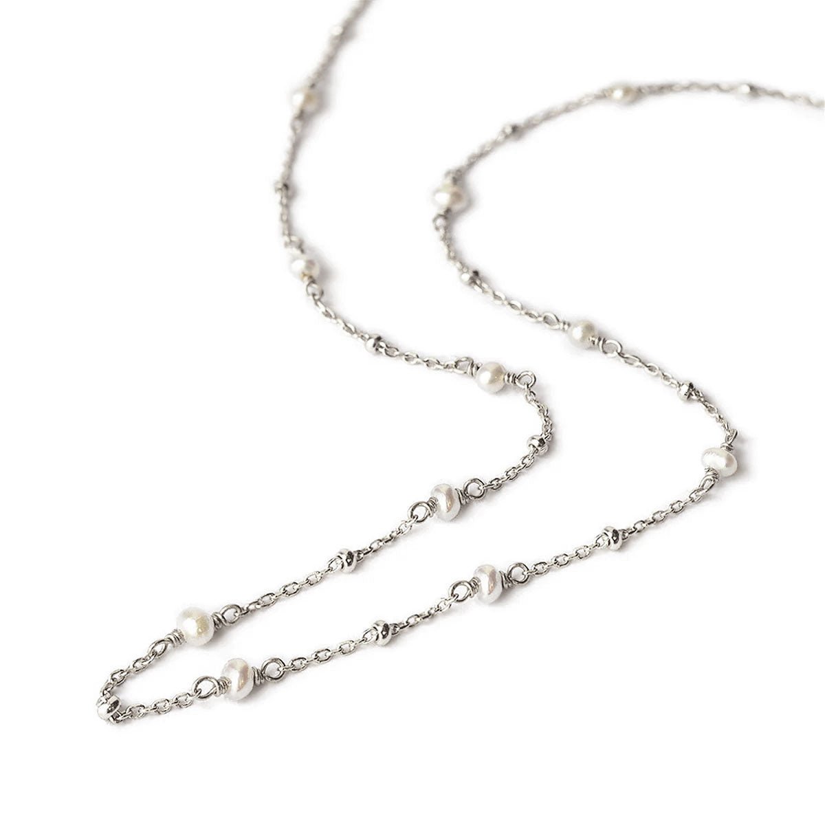 Sterling silver pearl choker necklace, close-up detail of pearls along the chain, on a white background