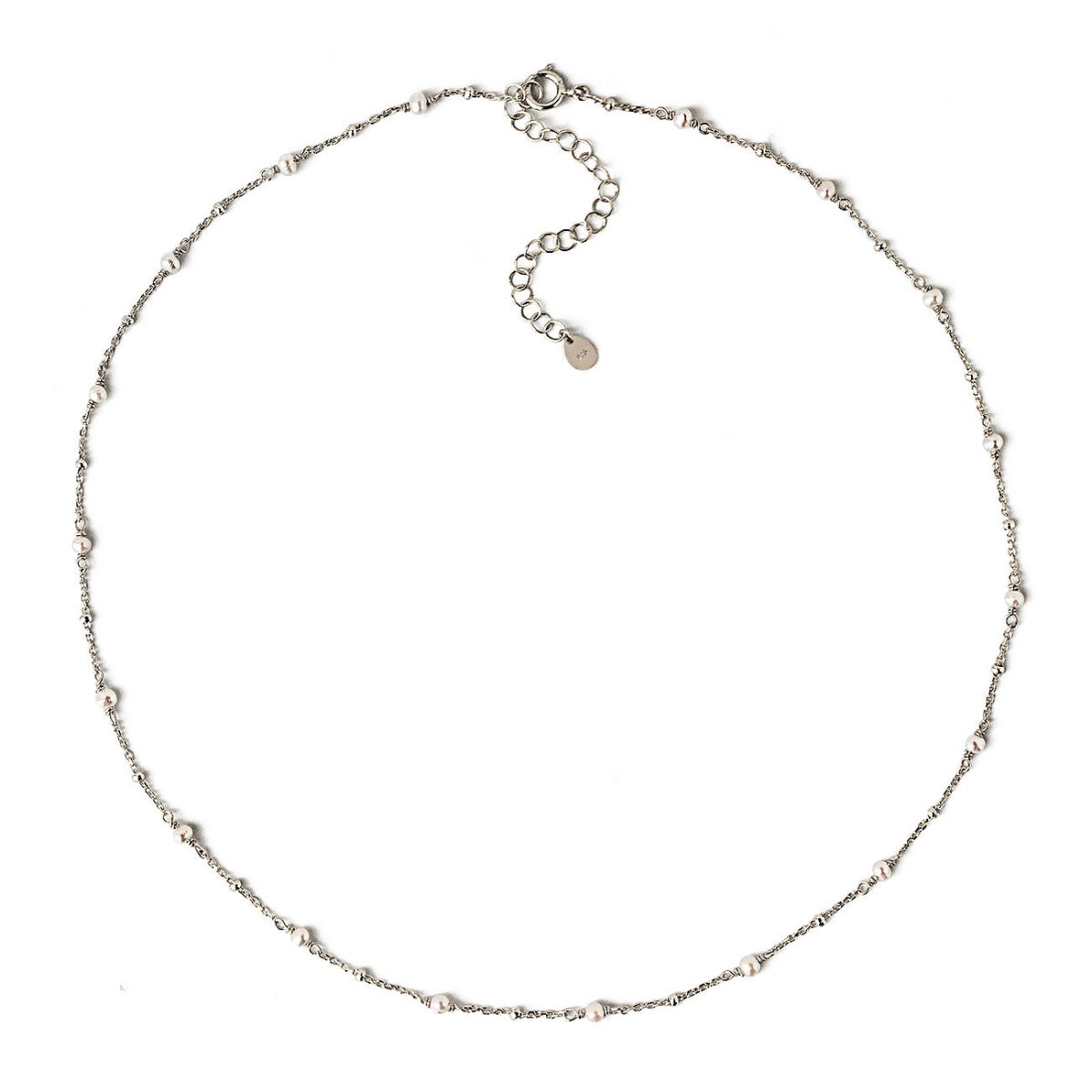 Sterling silver pearl choker necklace with tiny pearls on a twisted chain and spring-ring clasp, on a white background
