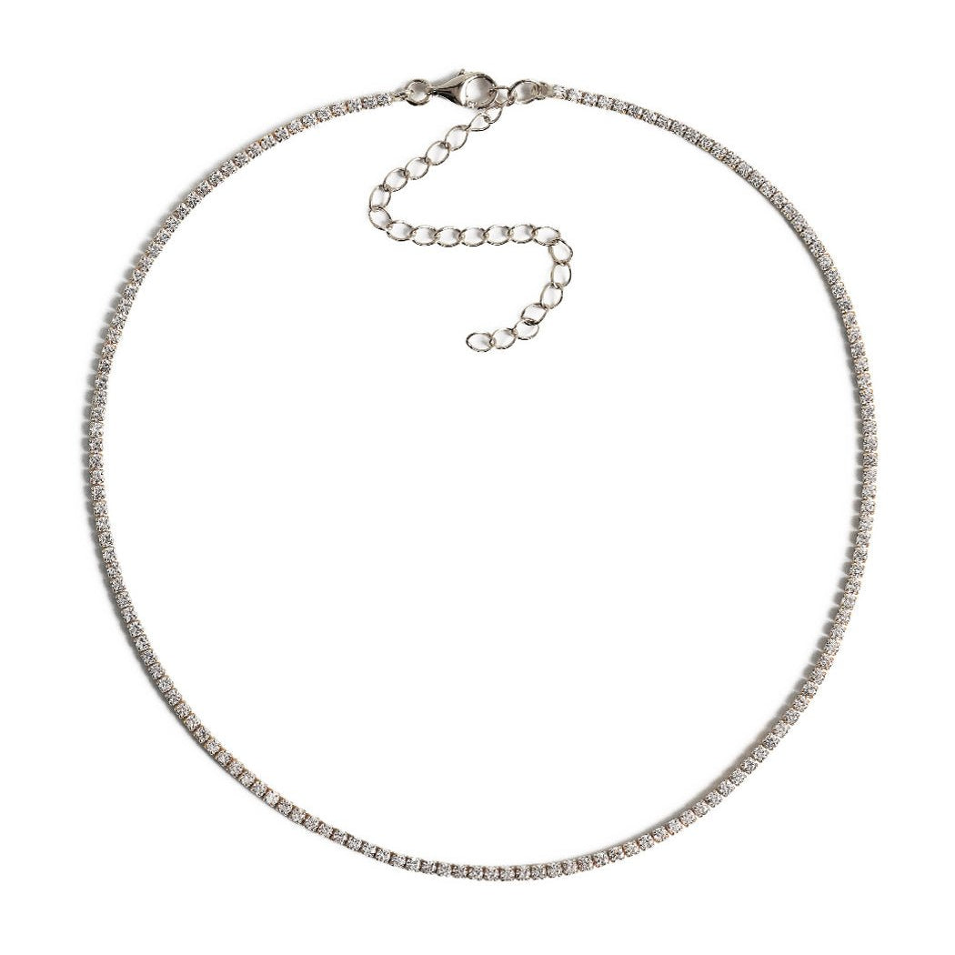 Sterling silver choker with a row of round clear crystals and a lobster clasp, on a white background