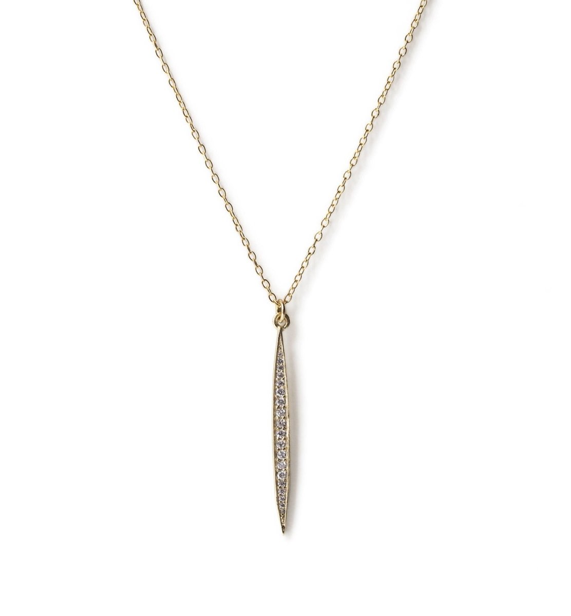 Gold vermeil marquise bar pendant with pavé white zirconia on a fine chain, on a white background