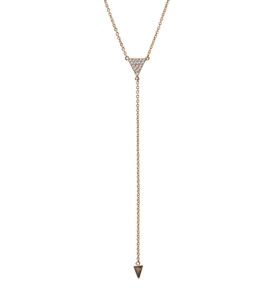 Rose gold vermeil lariat necklace with a pavé triangle and drop pendant, on a white background