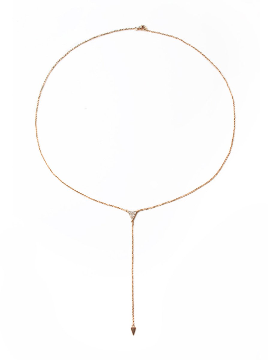 Rose gold vermeil lariat necklace shown as a full loop with a drop pendant, on a white background