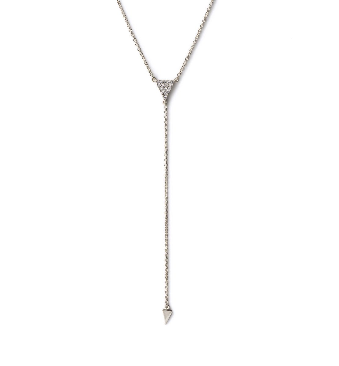 Sterling silver lariat necklace with a pavé triangle and drop pendant, on a white background