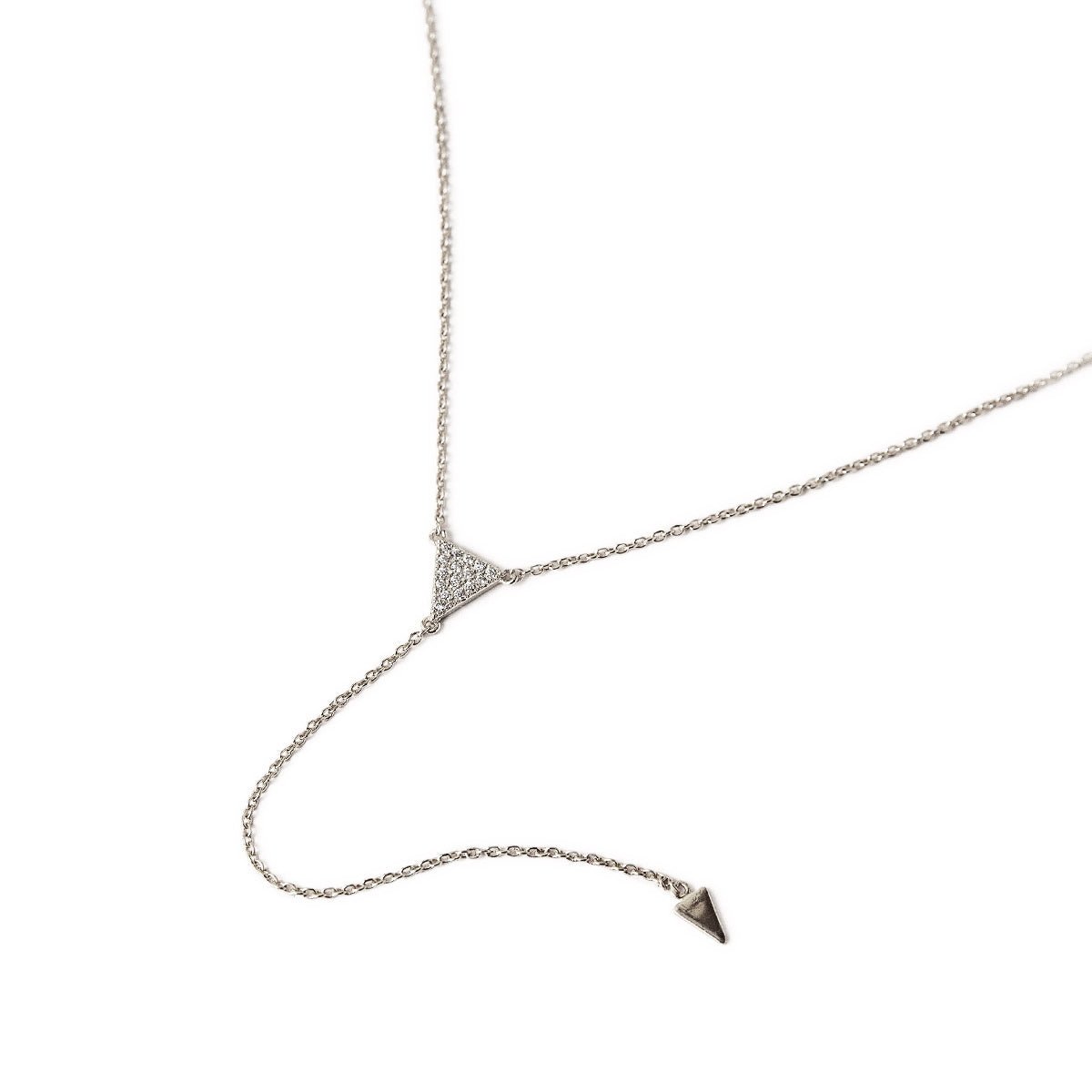 Sterling silver lariat necklace with a pavé triangle, close-up detail on a white background