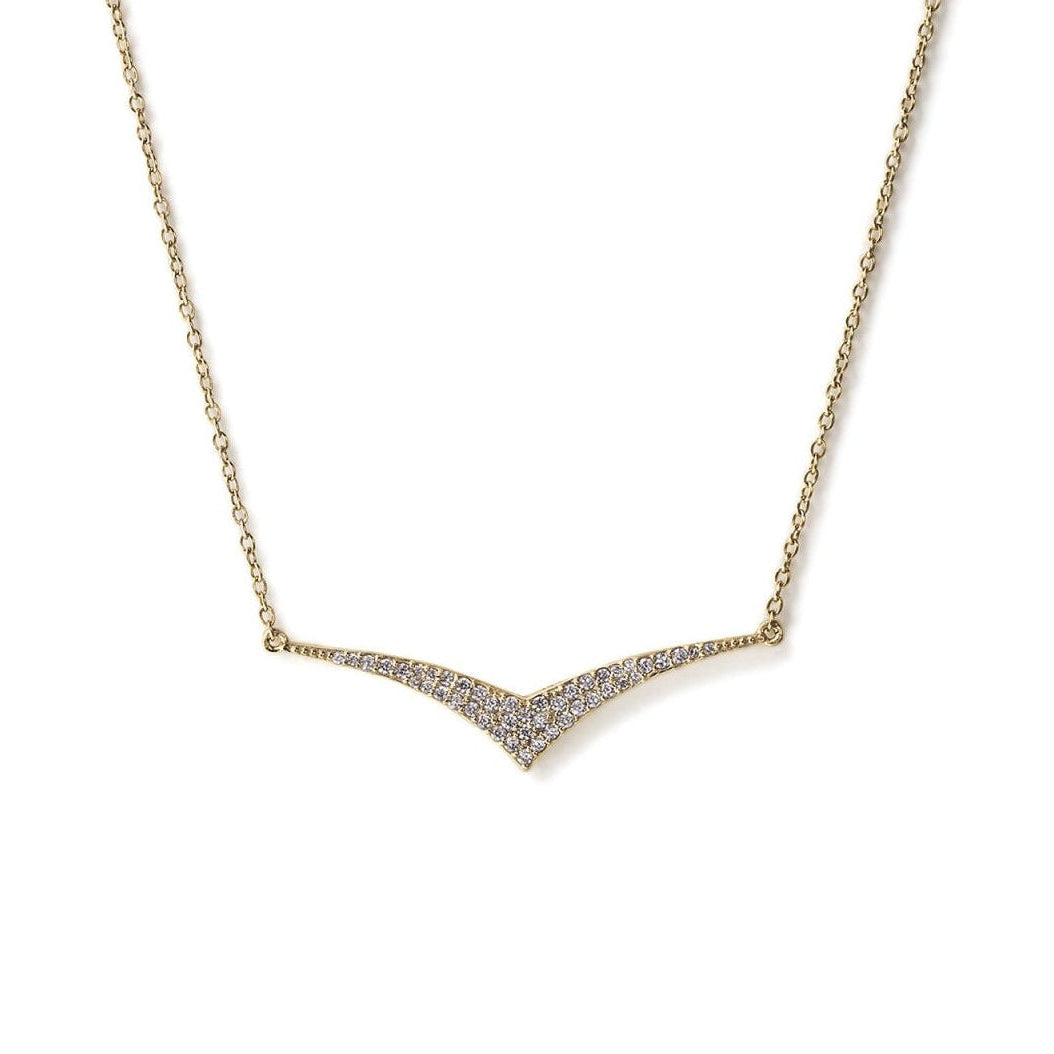 Gold vermeil chevron necklace with pave clear stones on a thin chain, on a white background