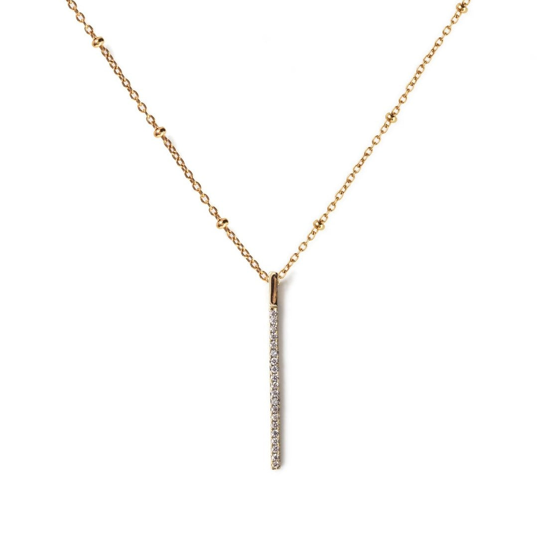 Gold vermeil vertical bar pendant with clear pavé stones on a beaded chain, on a white background