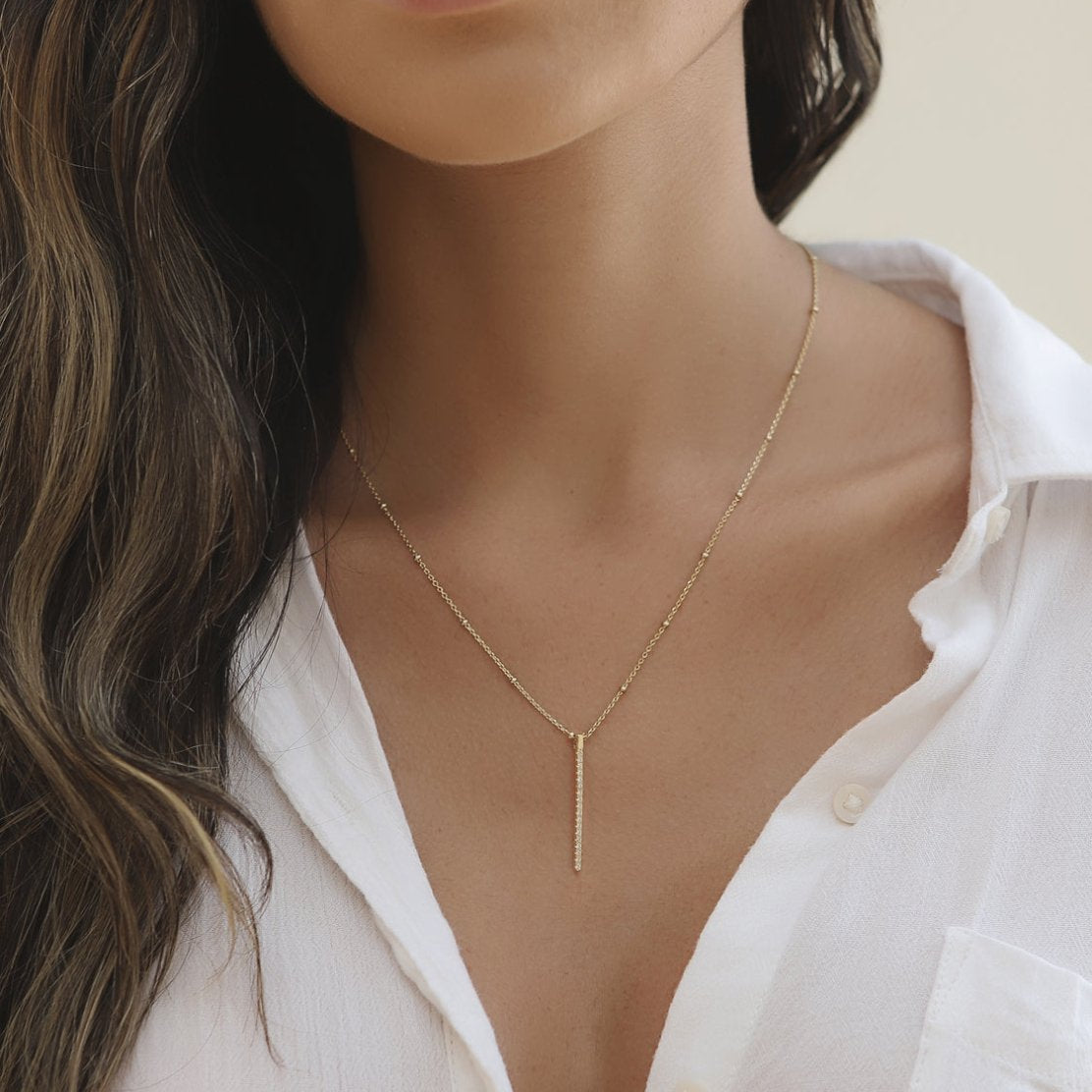 Dainty Pave Bar Necklace, Gold Pendant Necklace