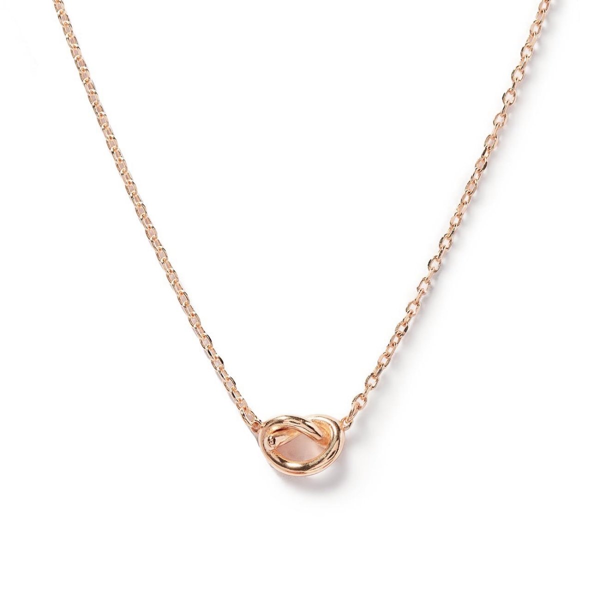 Rose gold vermeil love knot necklace with a small knot pendant, on a white background