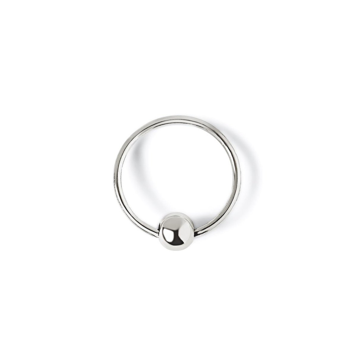 Sterling silver captive bead ring with a single fixed bead, on a white background