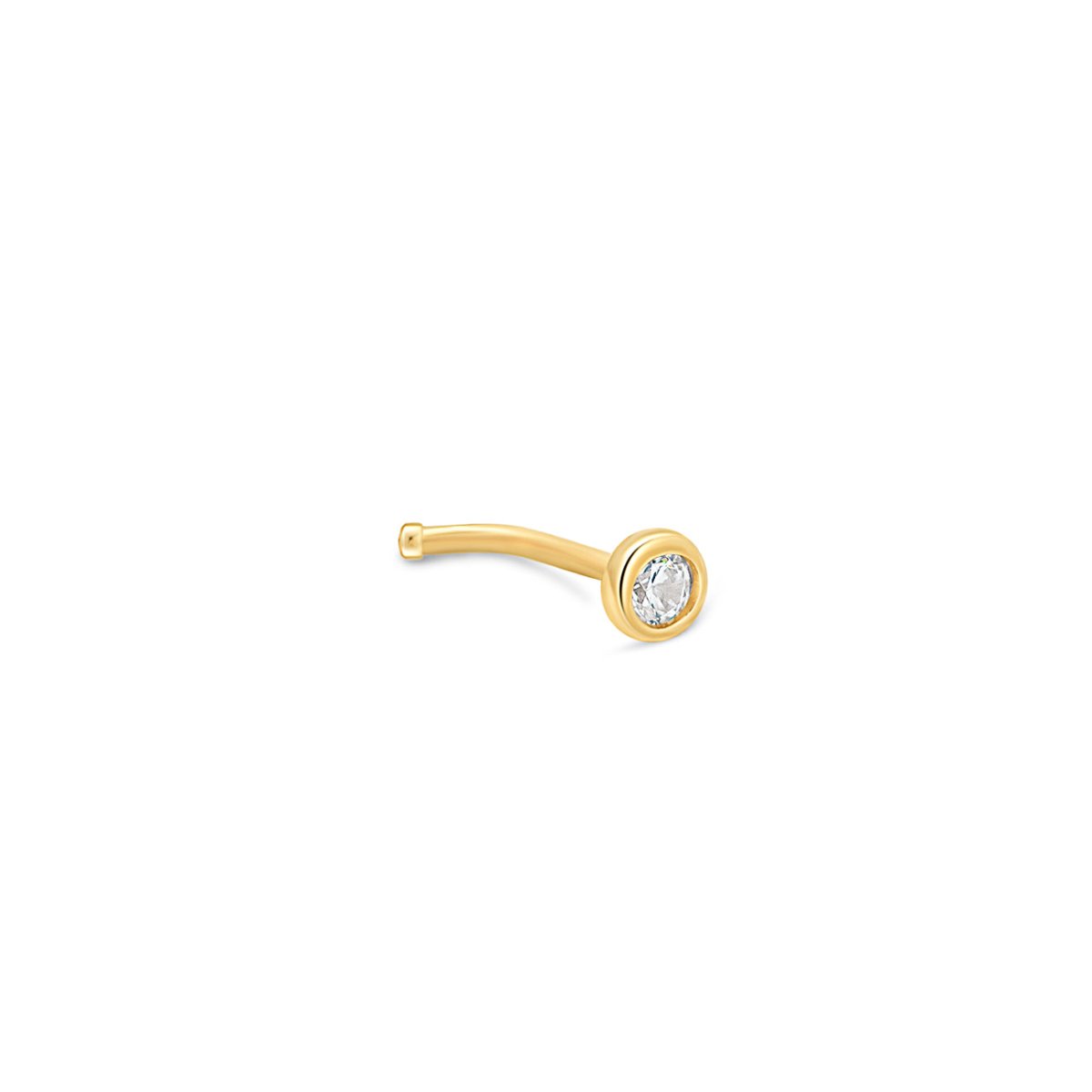 14K gold bezel-set nose stud with a round clear white zirconia, on a white background