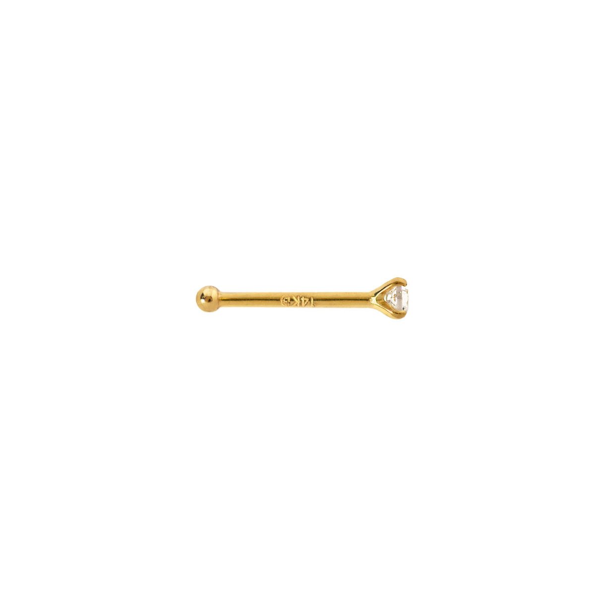 14K gold bone nose stud with a prong-set white zirconia, shown side-on on a white background