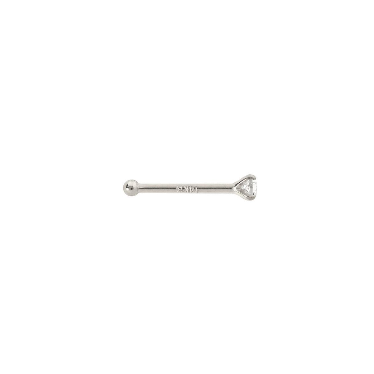 14K white gold bone nose stud with a prong-set white zirconia, shown side-on on a white background