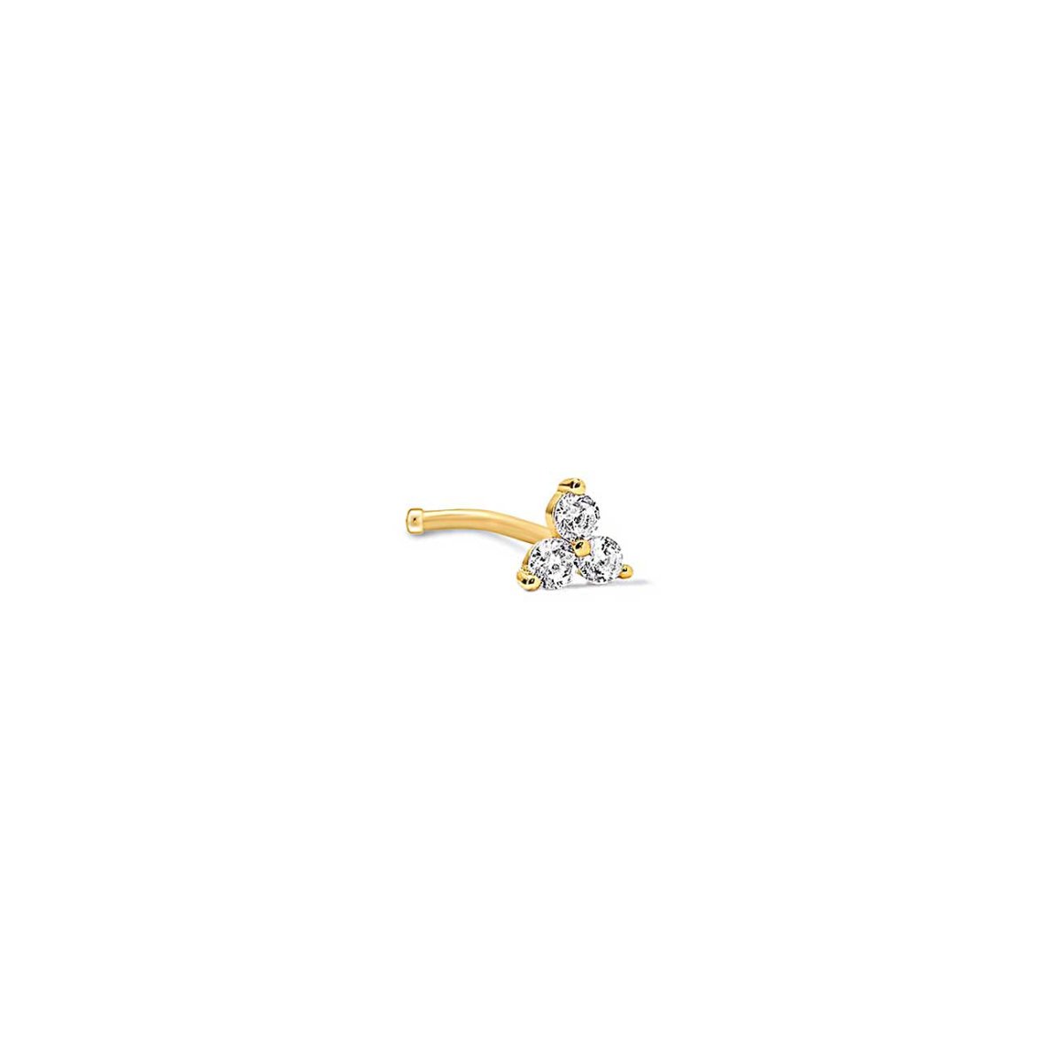 14K gold three-stone clover nose stud with clear stones, on a white background