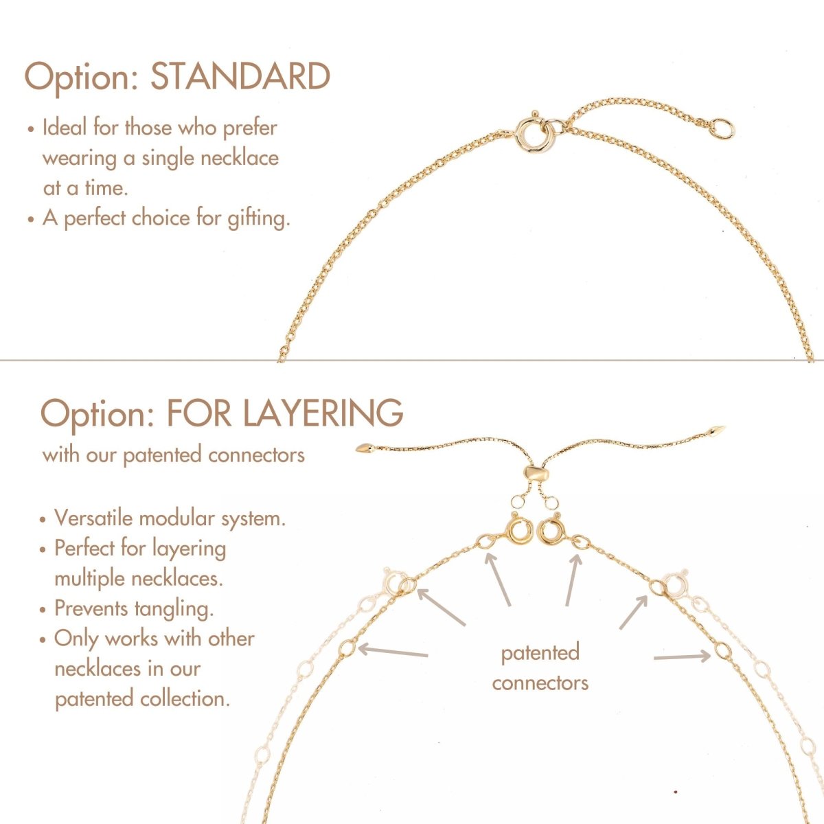 Gold vermeil name bar necklace chain options guide showing standard and layering clasp styles