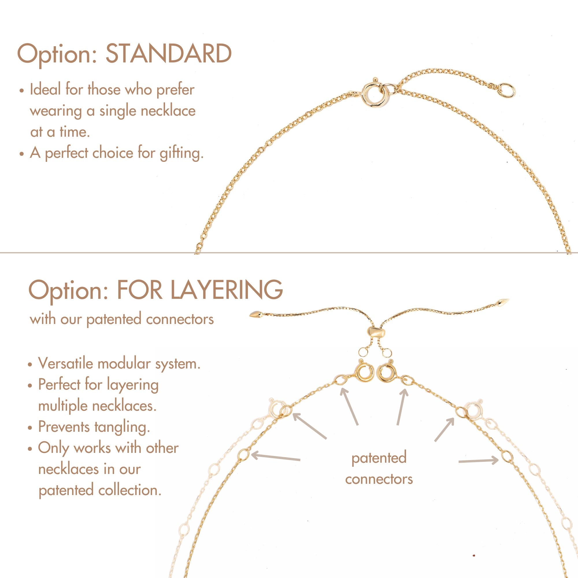 Gold vermeil necklace clasp options graphic: standard clasp versus layering connectors