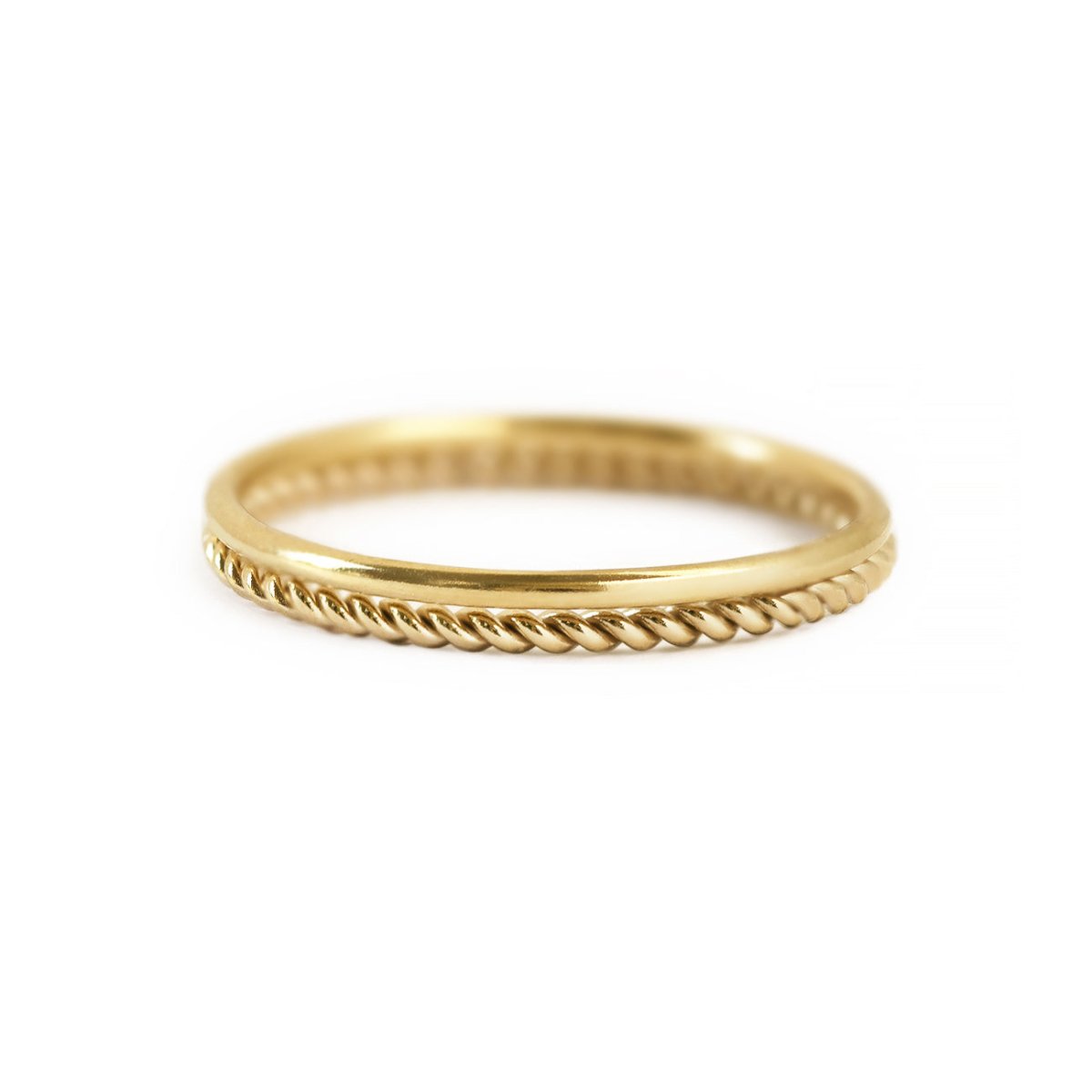 Gold-filled thin band and rope ring set, two stacked bands, on a white background