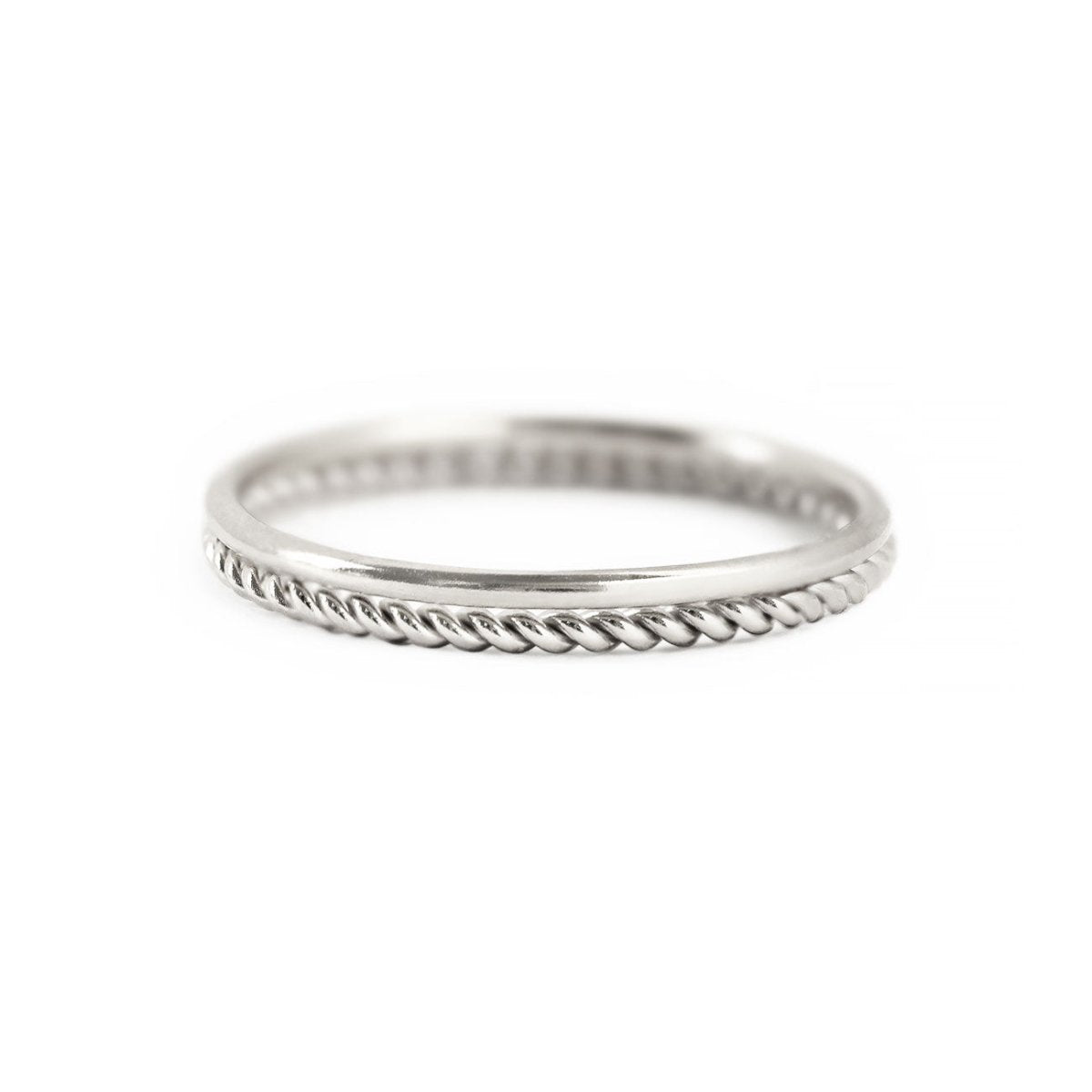 Sterling silver thin band and rope ring set, two stacked bands, on a white background
