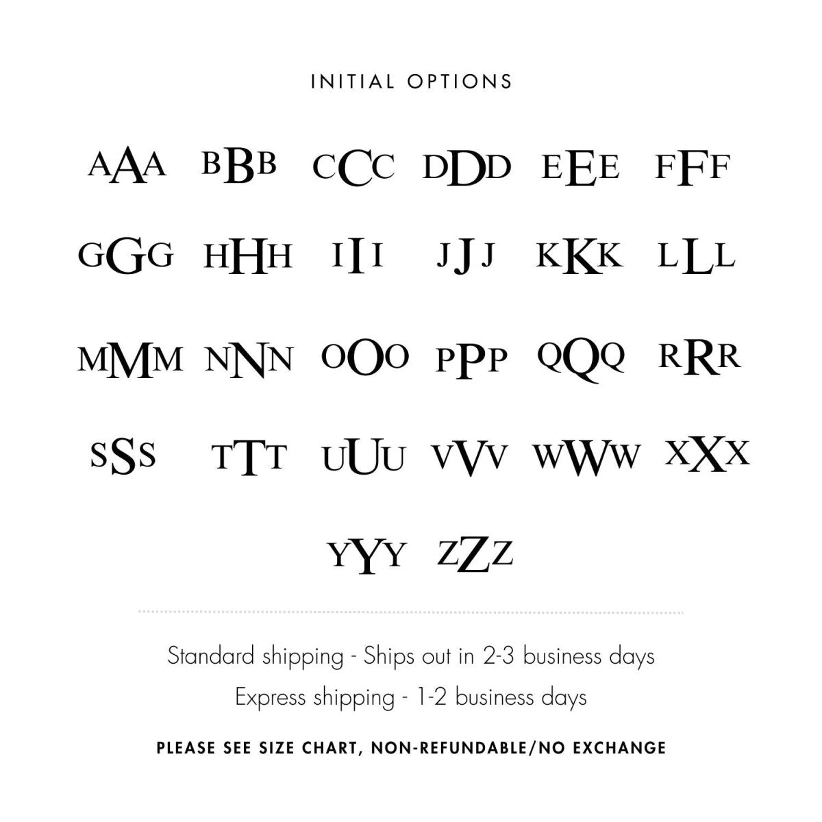 Sterling silver signet ring initial font options guide on a white background