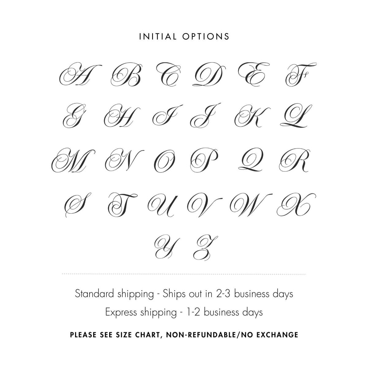 Gold vermeil engraved initial size and style options guide on a white background