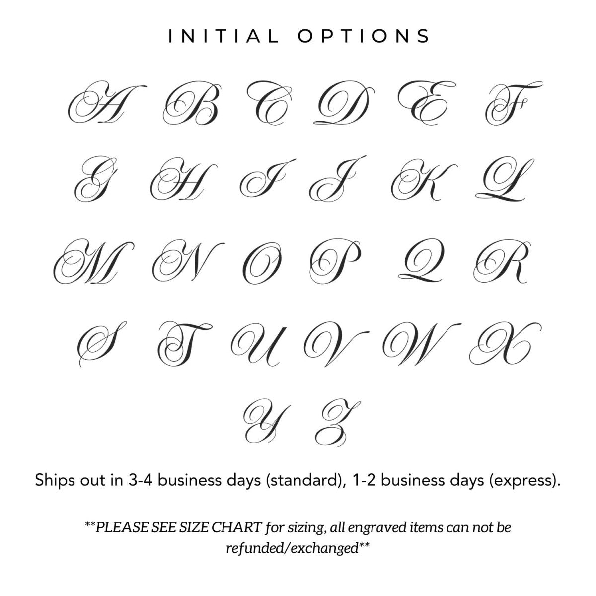 Initial options chart showing the cursive script font for engraving, on a white background