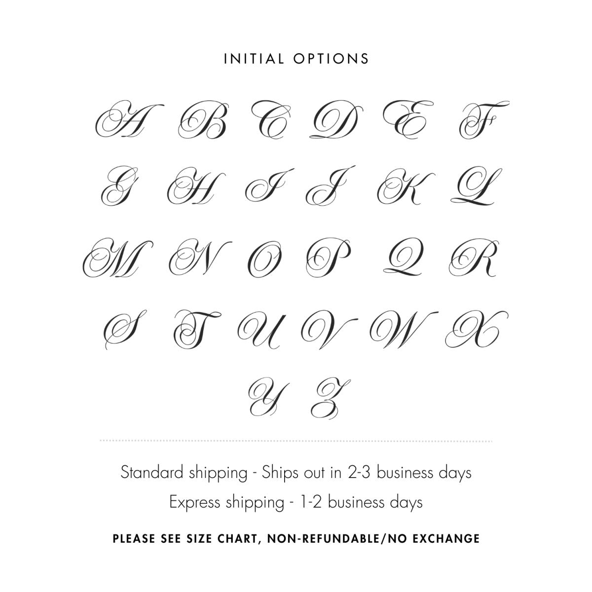 Initial options chart showing a cursive script alphabet with shipping notes, on a white background