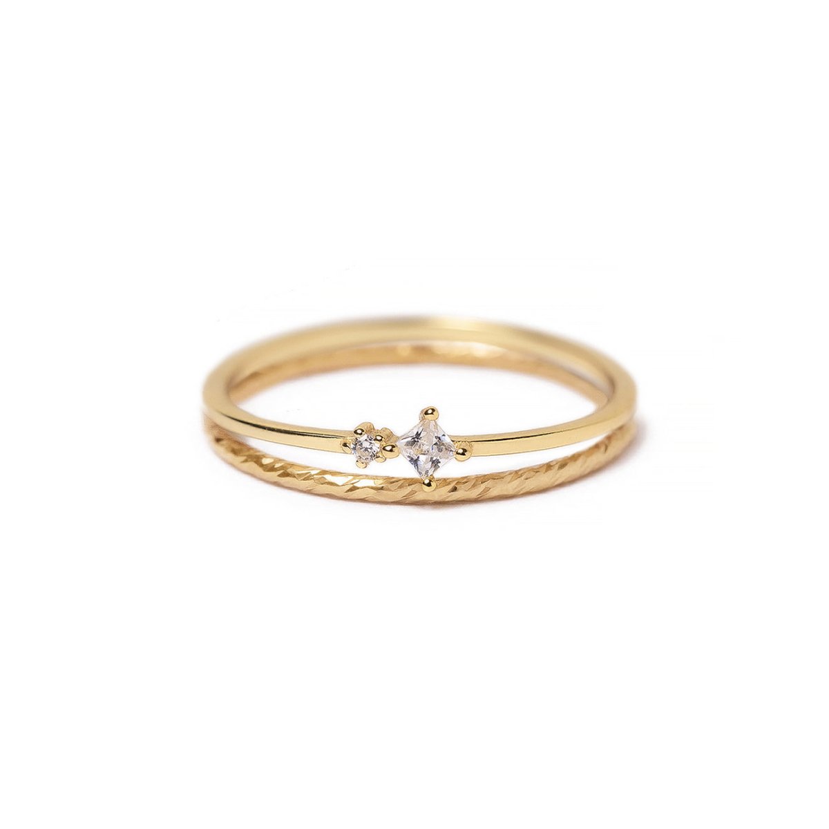 Gold vermeil thin double-band ring with white zirconia stones and a textured band, on a white background