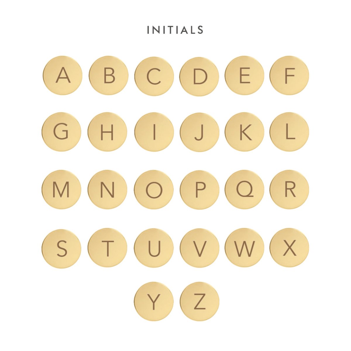 Initial options chart showing gold-filled engraved discs for letters A through Z