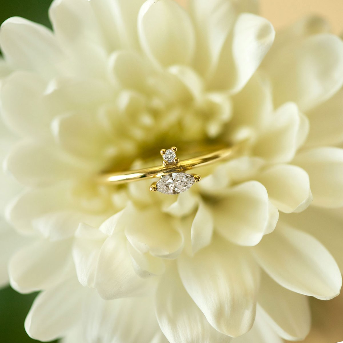 Gold vermeil marquise band ring with a clear stone, shown resting on a white flower