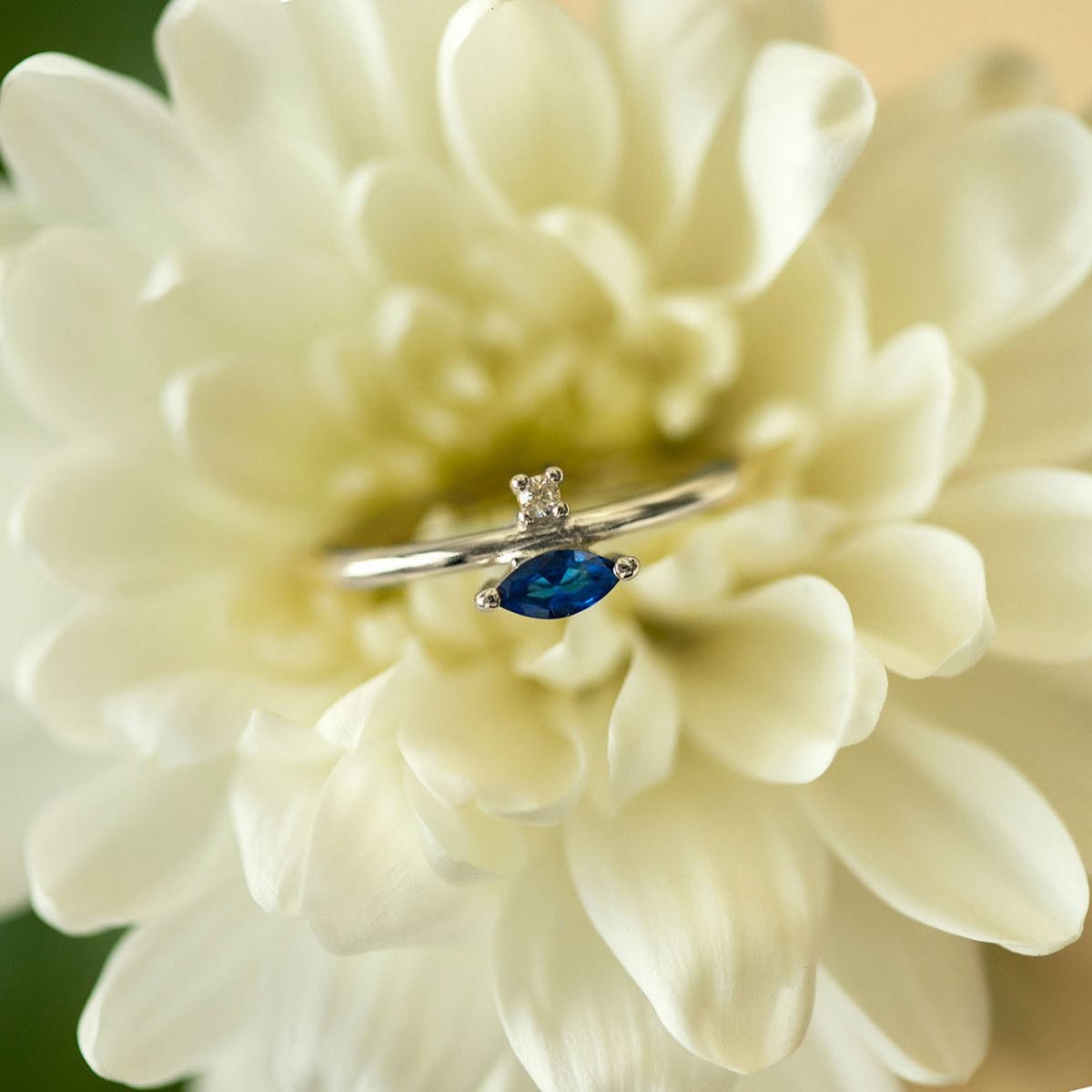 Sterling silver blue sapphire marquise ring with a small clear accent stone, resting on a white flower