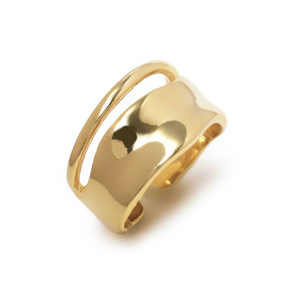 Gold vermeil wide hammered statement ring with a cutout open band, on a white background