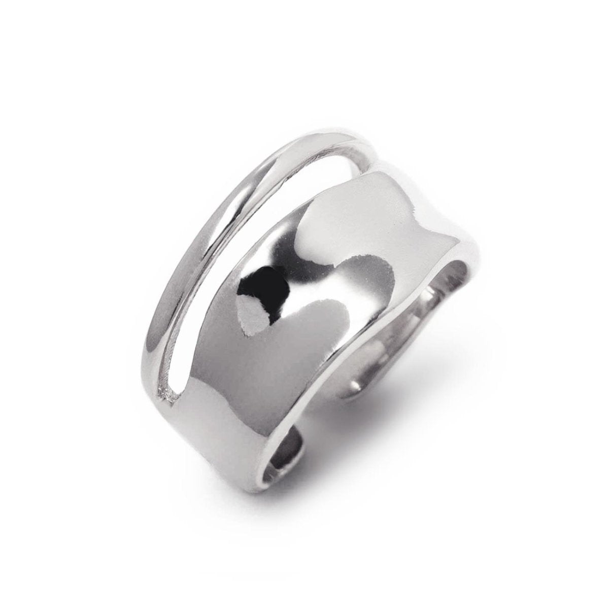 Sterling silver wide hammered statement ring with a cutout open band, on a white background