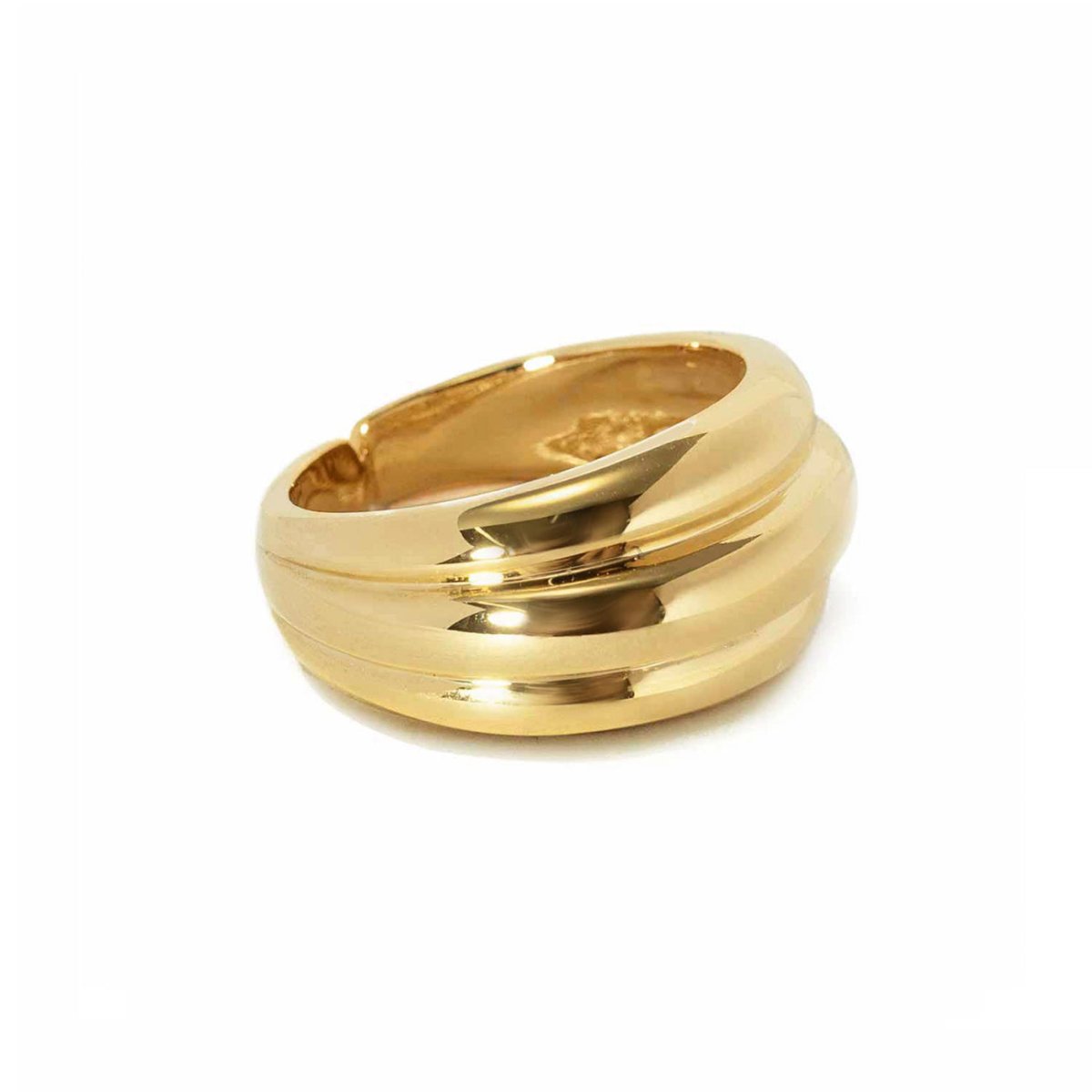 Gold vermeil dome statement ring with a ridged grooved band, on a white background