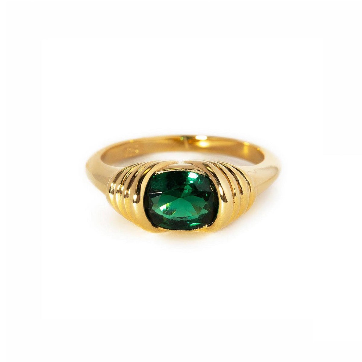 Gold vermeil statement ring with a cushion-cut green stone and ribbed shoulders, on a white background