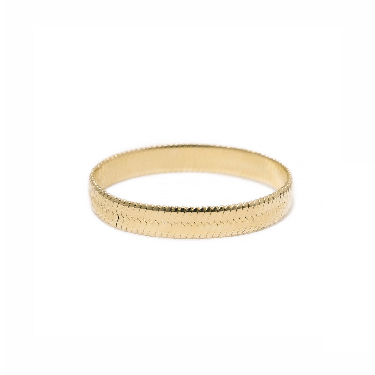 Gold vermeil herringbone chain stacking ring with a flat snake-link band, on a white background
