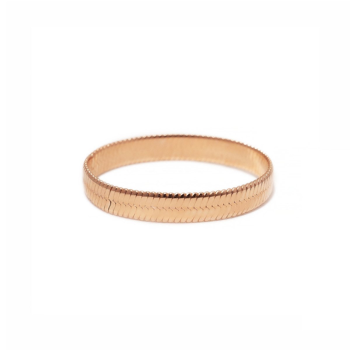 Rose gold vermeil herringbone chain stacking ring with a flat snake-link band, on a white background