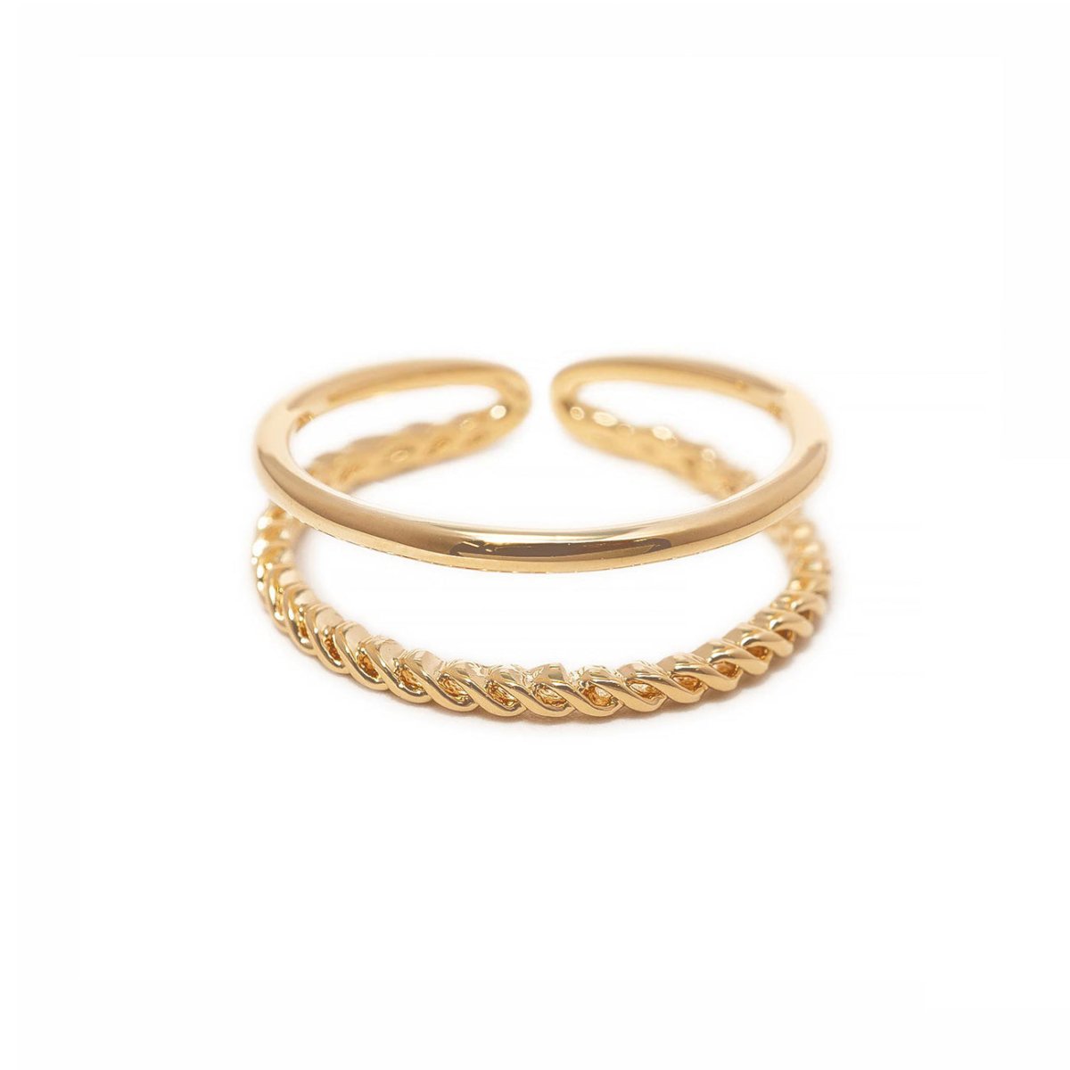 Gold vermeil double-band stacking ring with one plain band and one rope-twist band, on a white background