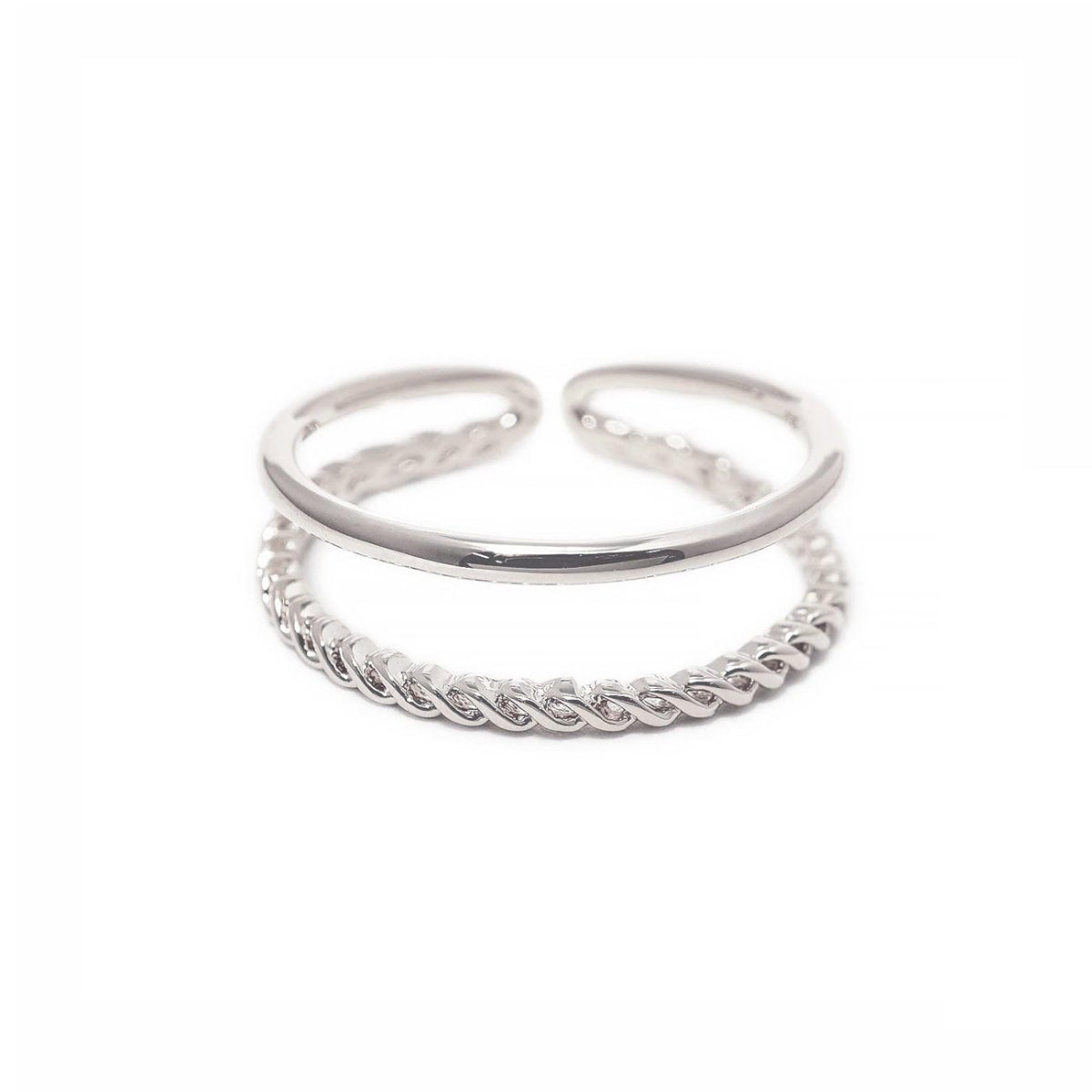 Sterling silver double-band stacking ring with a plain band and a rope-twist band, on a white background