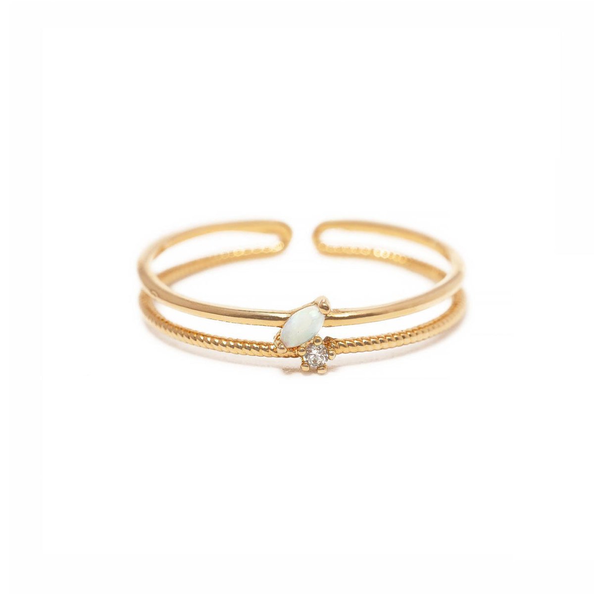 Gold vermeil double band ring with an oval white opal and a round white zirconia, on a white background