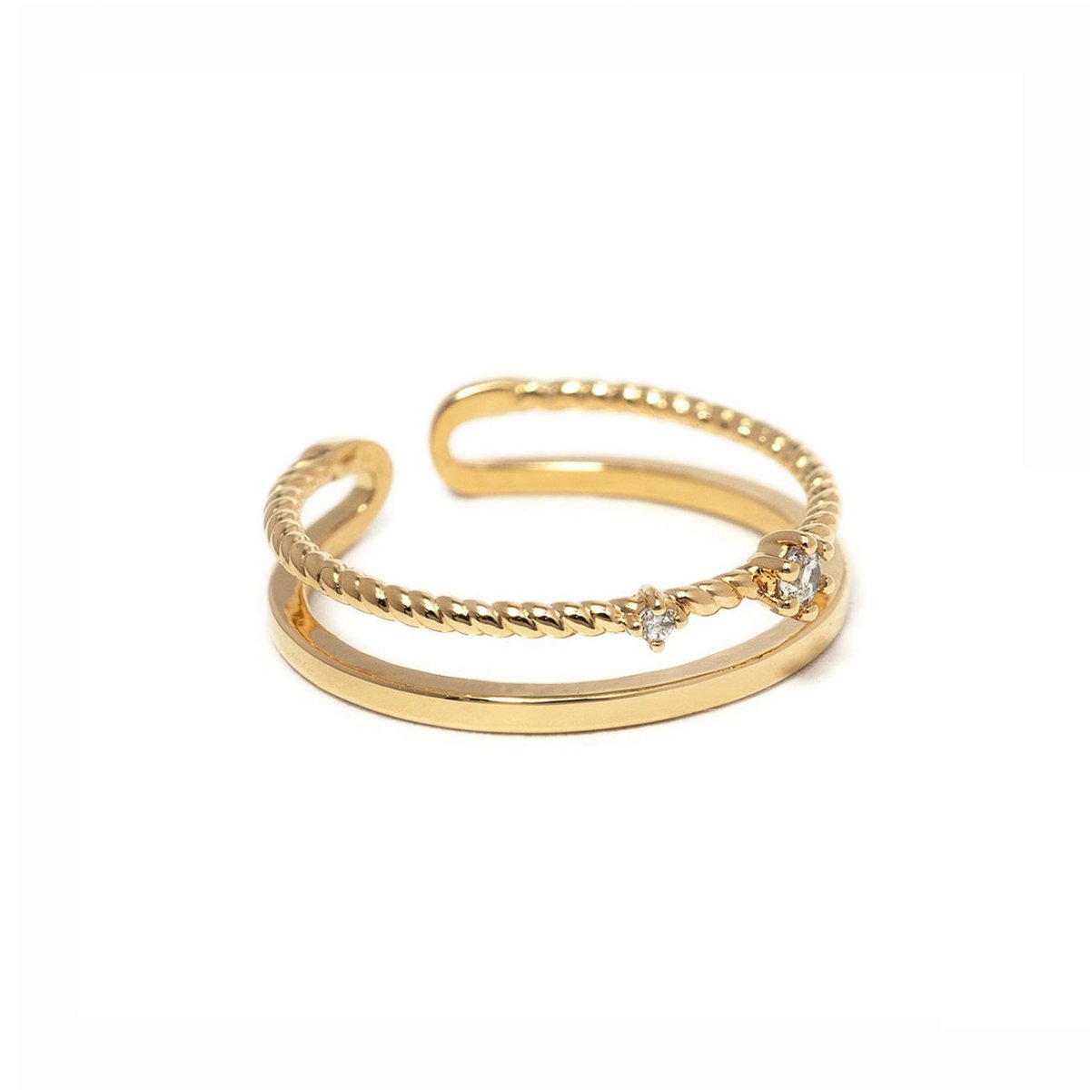 Gold vermeil twisted rope stacking ring with prong-set white zirconia stones, open band, on a white background