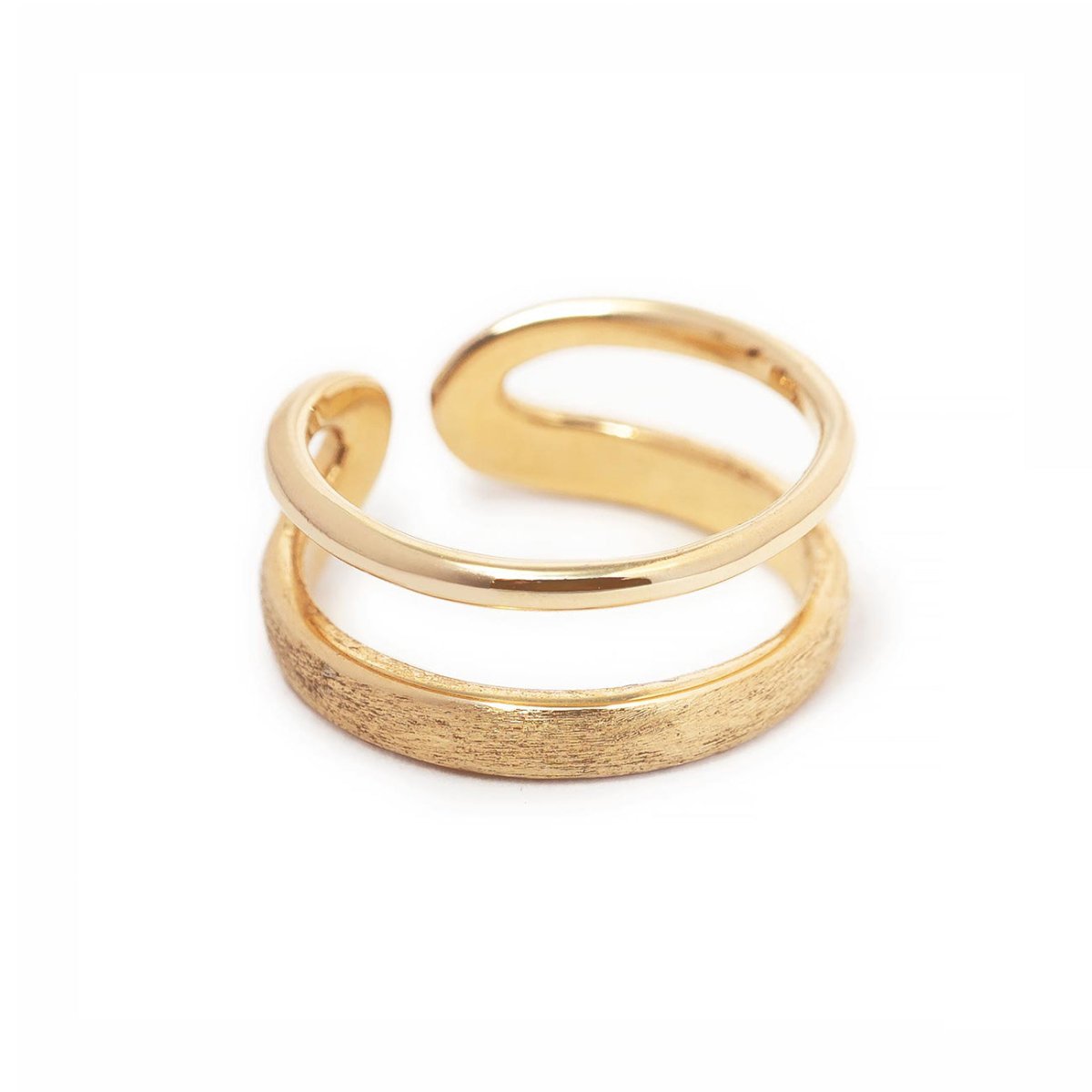 Gold vermeil open double band ring at an angle showing polished and brushed bands, on a white background