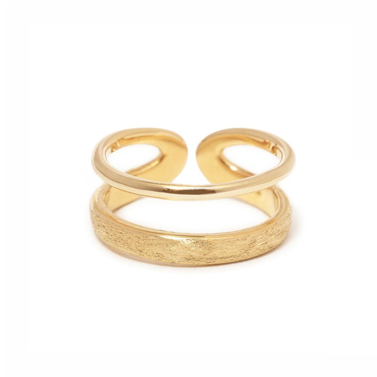 Gold vermeil open double band ring with one polished and one brushed band, on a white background